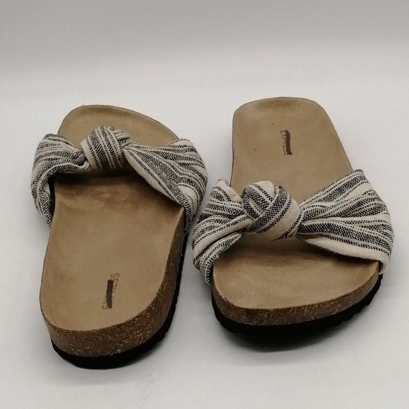 Express Womens Slide Sandal Black Cream Stripe Knot Molded Footbed‎ Flat 10 - Picture 3 of 9